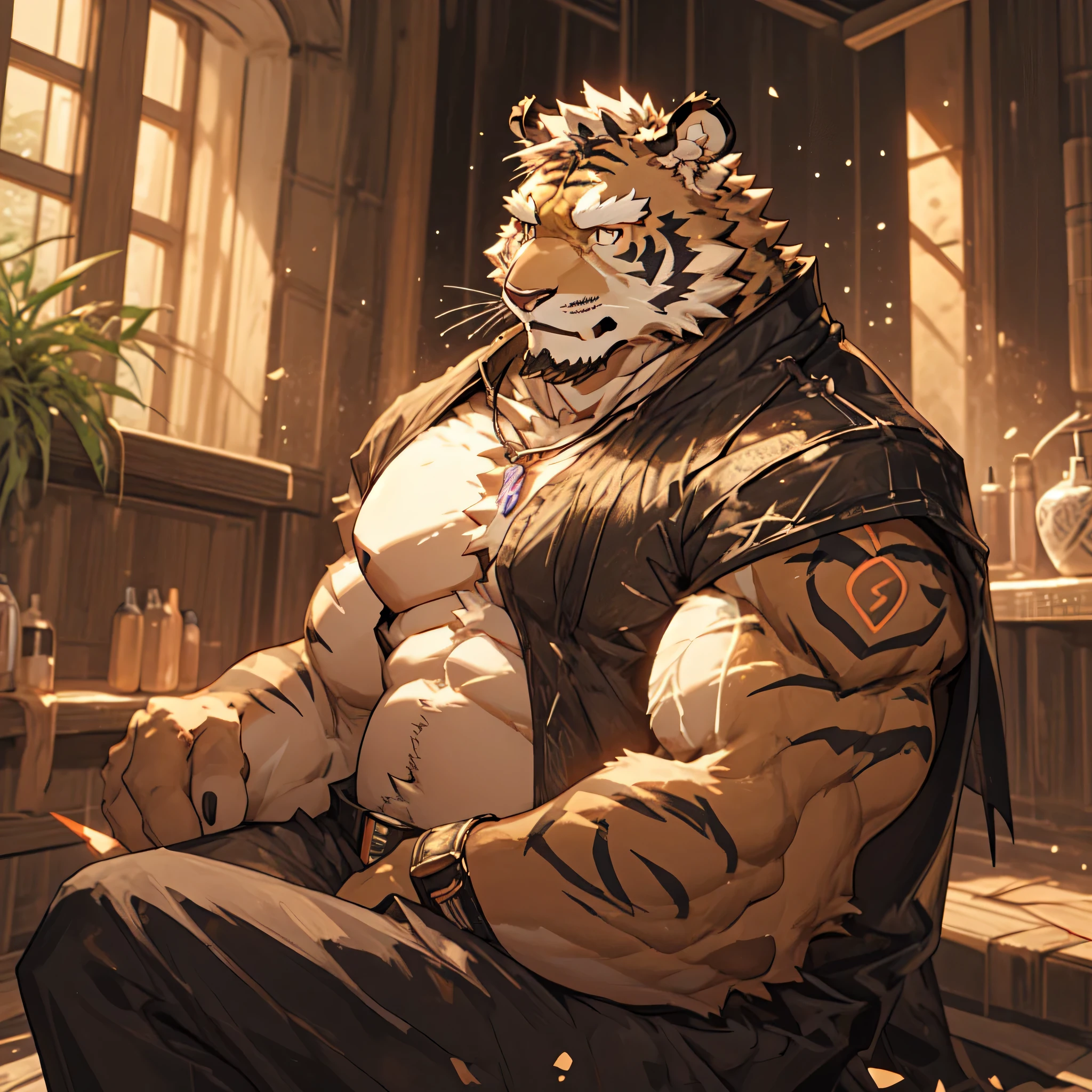 Tiger furry, With a big sword, Muscular chest,, Golden fur chubby naked upper body without clothes in bamboo forest