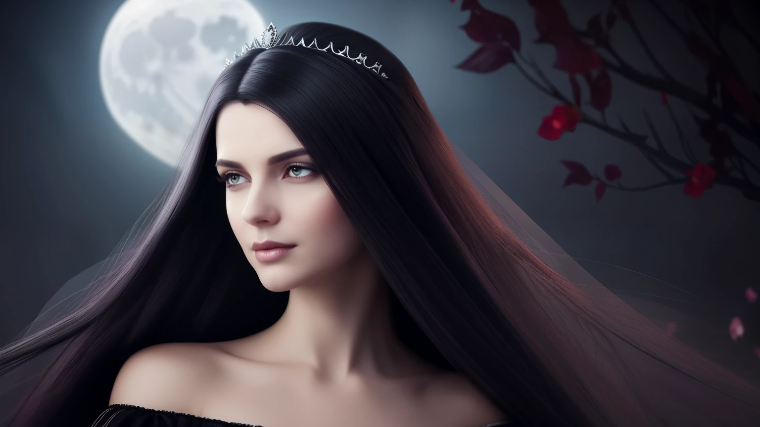 A stunningly beautiful vampire girl awakens from a deep slumber, her flowing hair cascading down her angular features. Her pale and flawless skin holds a subtle supernatural touch, with captivating and colorless seductive eyes that glow with a predatory allure, alluding to her insatiable desire for blood.

In contrast, a noble and elegant Jedi girl stands still, her calm and confident demeanor radiant in the room. Her long, flowing hair frames her oval face, adorned with a black rose tiara. The background is shrouded in shadow, with just a hint of moonlight piercing the darkness, enhancing the gothic art style