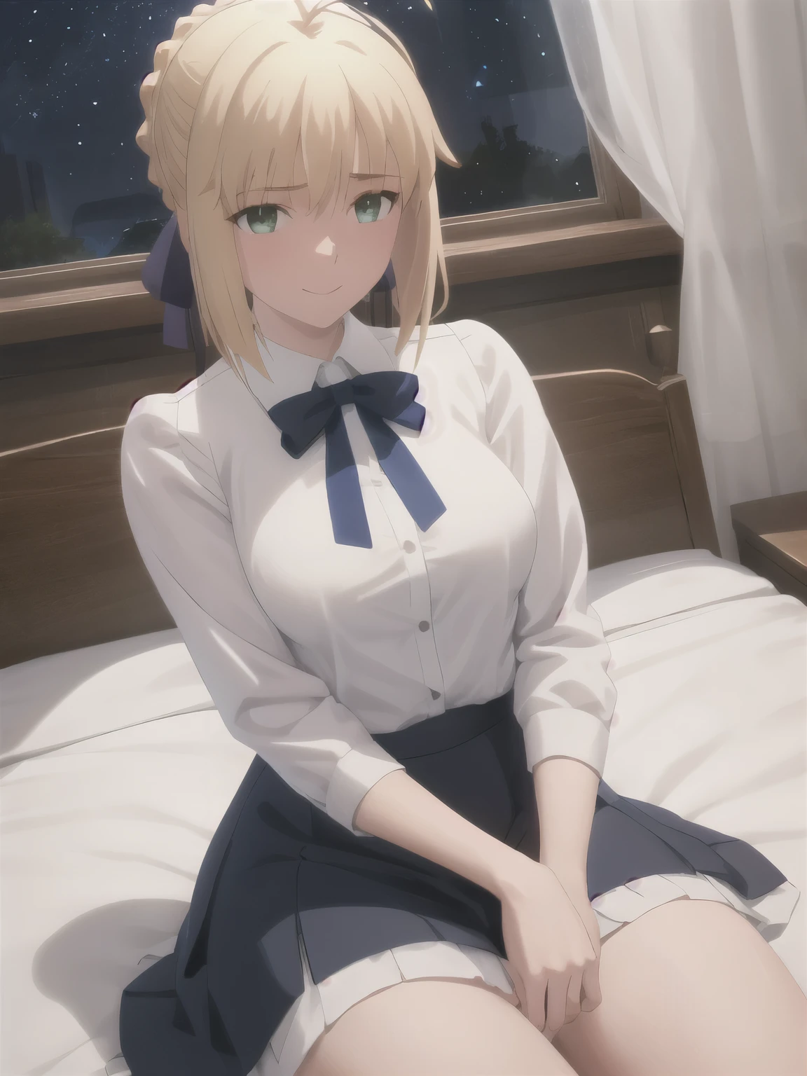 best quality, masterpiece, highres, ray_tracing_graphic, solo, adult_female, {saber_fatestaynightufotable:1.15}, blonde_hair, little_ahoge, green_eyes, blue_ribbon, 1girl, anime_coloring, upper_body, happy, little_smile, five_fingers, blush, large_, white_skirt, blue_skirt, from_the_front, sit_on_bed, bedroom, night_time