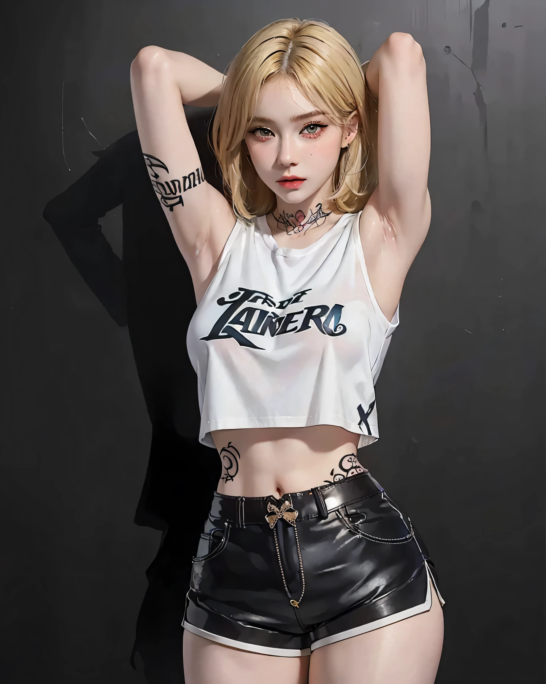 (Browsing Caution:0.7), Perfect Style, Beautiful Face, Highly detailed face and skin texture, (Maximum resolution: 1.2), 1 female,Hip Up, jewelry, (((He has many tattoos all over his body)), Streetwear, (((Tight shorts))), blonde, (((Tight waist))), ((Big Breasts)),(See-through)