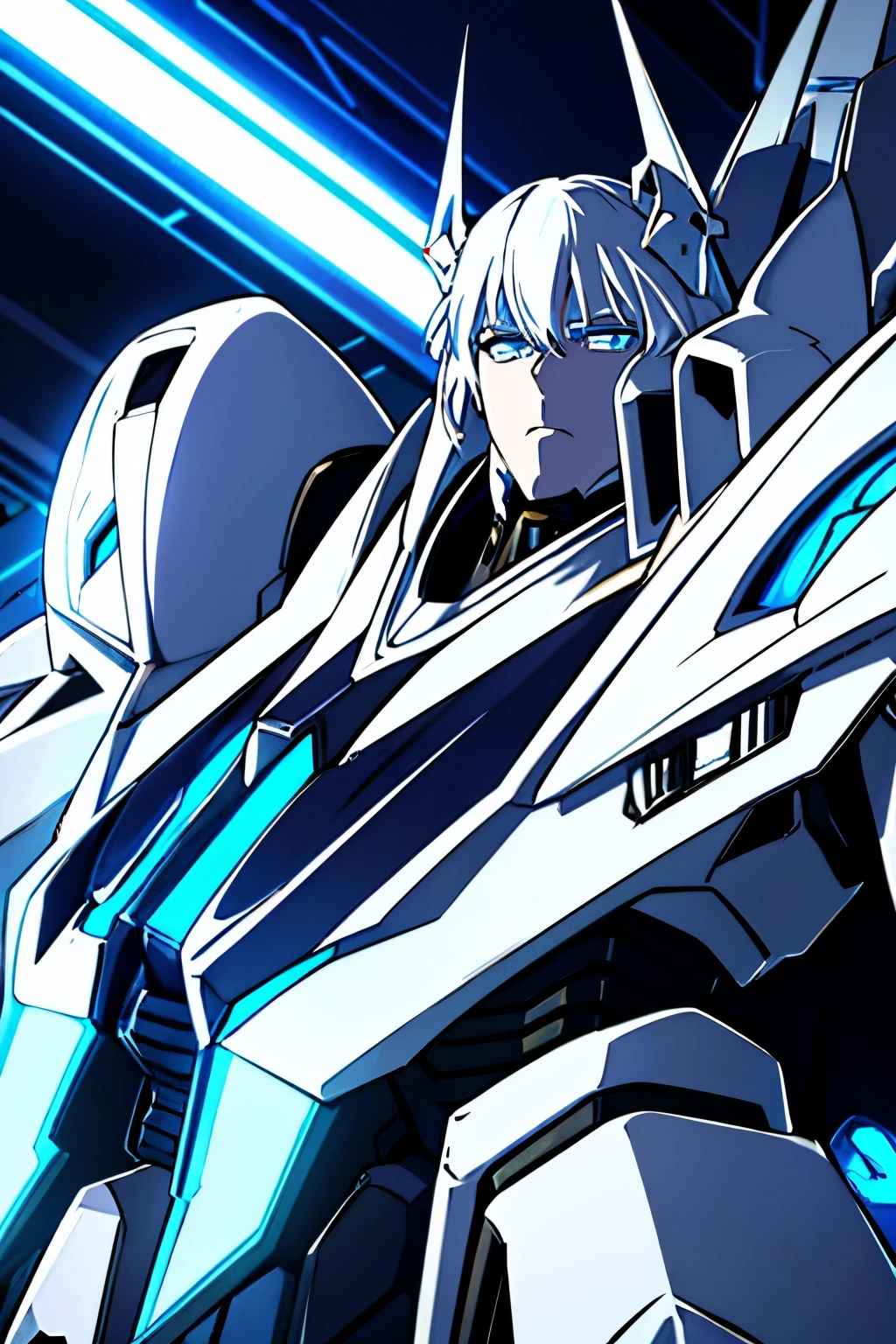 1 guy , in his teens , mecha armour , black and white colour , white hair , blue eyes, tall 