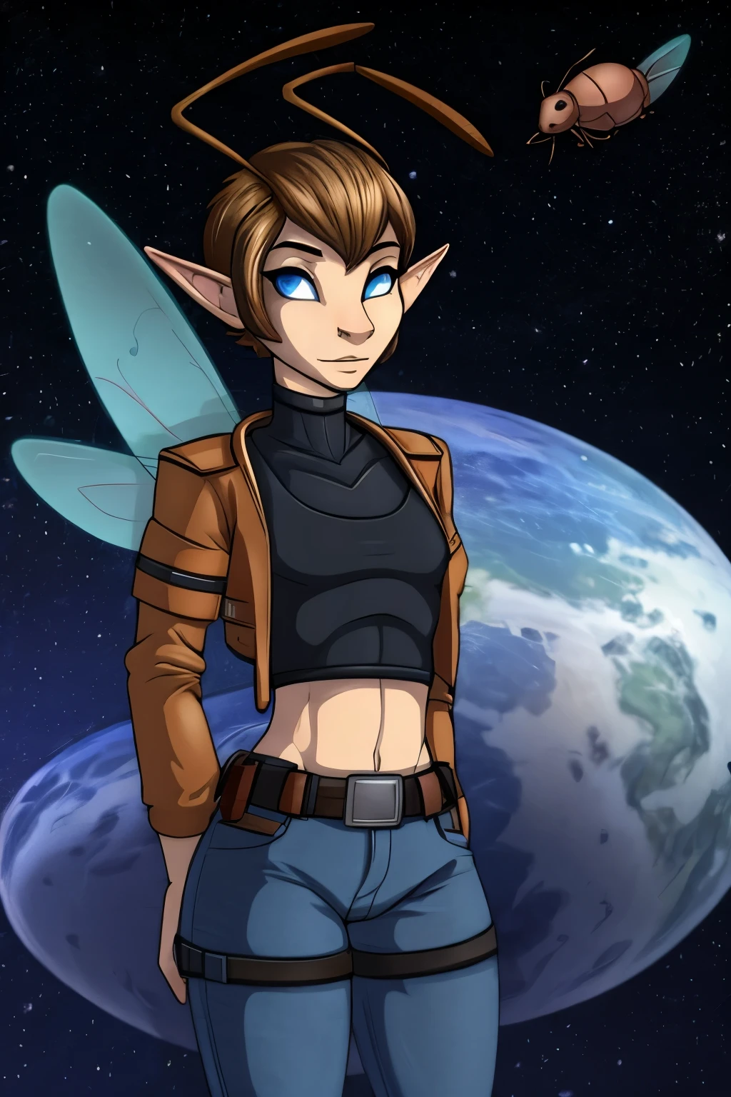 (Cute anthro Ant), Tomboy, elf, pretty face, human nose, space station background, thin body, slim, fit, very short hair, dark blonde hair, brushed back hair, blue eyes, flat chested, anthro, insect, (2 Ant Antenna coming from forehead), ant bug wings, ant abdomen, adjatha, utility belt, cropped jacket, black tanktop, jean pants, SFW