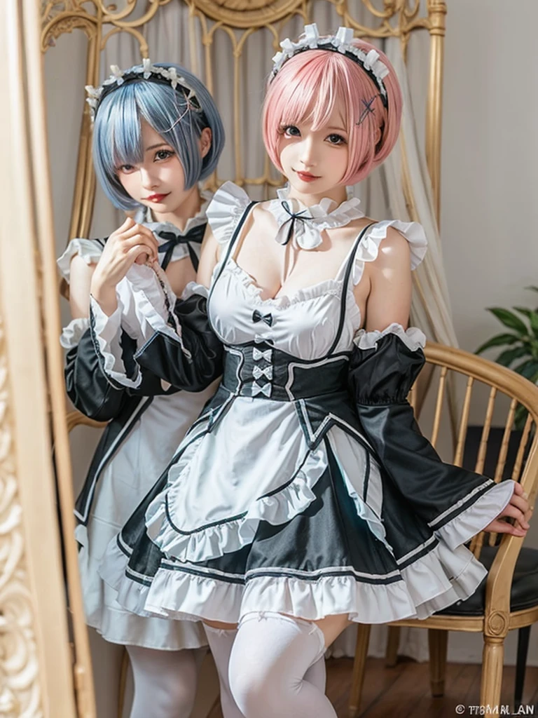 (8K, Photorealistic, Raw photo, of the highest quality: 1.3), (1girl in), Super beautiful, (Realistic face), (boyish, pink Color Berry Shorthair), Beautiful , Glare that captivates the viewer, Beautiful expression, Beautiful breasts, (Realistic skin), Be...Create a detailed and colorful image of Ram and Rem from Re:Zero, standing back-to-back in their maid outfits, with a magical fantasy background、14years old, two girls,cute, perfect face, beautiful, nice body, gothic lolita clothes, gothic lolita fashion, frilly skirt, headdress, necklace, bracelet, knee-high socks, boots, double eyelids, tear bags, Detailed down to the fingers, photo-like description, indoors, dim indoor lighting, one girl is pink hair and short bob, another girl is light blue hair and short bob,standing,whole body, composition that shows the whole body, smiling,The Both of them are wearing the same type of maid outfit,Optimal ratio of 4 fingers and 1 thumb