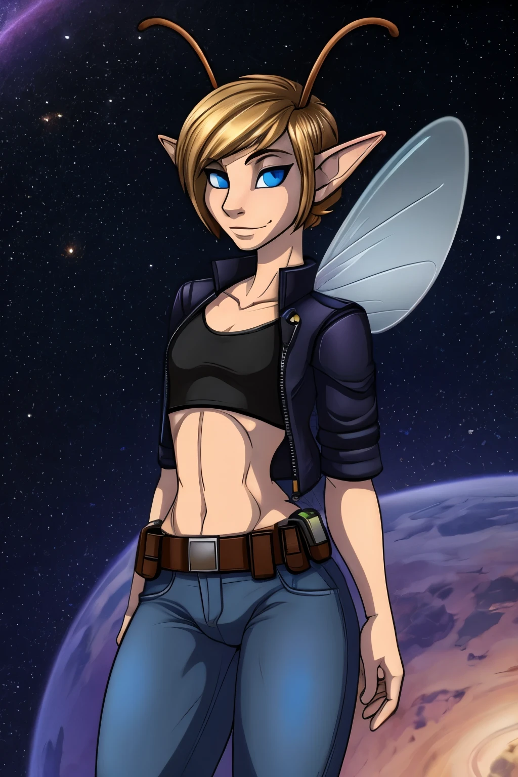 (Cute anthro Ant), Tomboy, elf, pretty face, human nose, space station background, thin body, slim, fit, very short hair, dark blonde hair, brushed back hair, blue eyes, flat chested, anthro, insect, (2 Ant Antenna coming from forehead), ant bug wings, ant abdomen, adjatha, utility belt, cropped jacket, black tanktop, jean pants, SFW