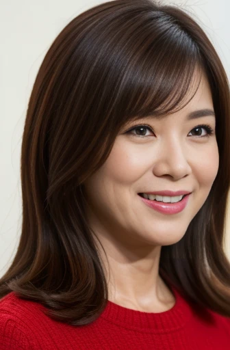Masseter Film, highest quality, masterpiece, High resolution, realism, Original photo, 8k wallpaper, perfection, Professional Lighting, Very detailed, Written boundary depth, ((Beautiful woman)), ((Sexy 40 year old woman in red)),, ((smile)), Detailed face, Beautiful Eyes,, bangs, A photo of your face, (sexy look), voluminous long brown hair, (Thick lips), Looking down at the viewer