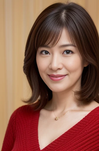 Masseter Film, highest quality, masterpiece, High resolution, realism, Original photo, 8k wallpaper, perfection, Professional Lighting, Very detailed, Written boundary depth, ((Beautiful woman)), ((Sexy 40 year old woman in red)),, ((smile)), Detailed face, Beautiful Eyes,, bangs, A photo of your face, (sexy look), voluminous long brown hair, (Thick lips), Looking down at the viewer