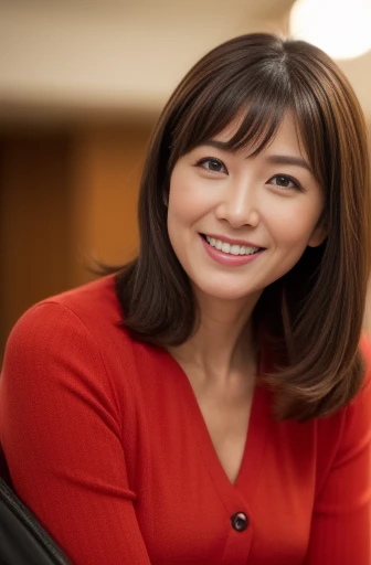 Masseter Film, highest quality, masterpiece, High resolution, realism, Original photo, 8k wallpaper, perfection, Professional Lighting, Very detailed, Written boundary depth, ((Beautiful woman)), ((Sexy 40 year old woman in red)),, ((smile)), Detailed face, Beautiful Eyes,, bangs, A photo of your face, (sexy look), voluminous long brown hair, (Thick lips), Looking down at the viewer