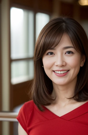 Masseter Film, highest quality, masterpiece, High resolution, realism, Original photo, 8k wallpaper, perfection, Professional Lighting, Very detailed, Written boundary depth, ((Beautiful woman)), ((Sexy 40 year old woman in red)),,  ((smile)), Detailed face, Beautiful Eyes,, bangs, A photo of your face, (sexy look), voluminous long brown hair, (Thick lips), Looking down at the viewer