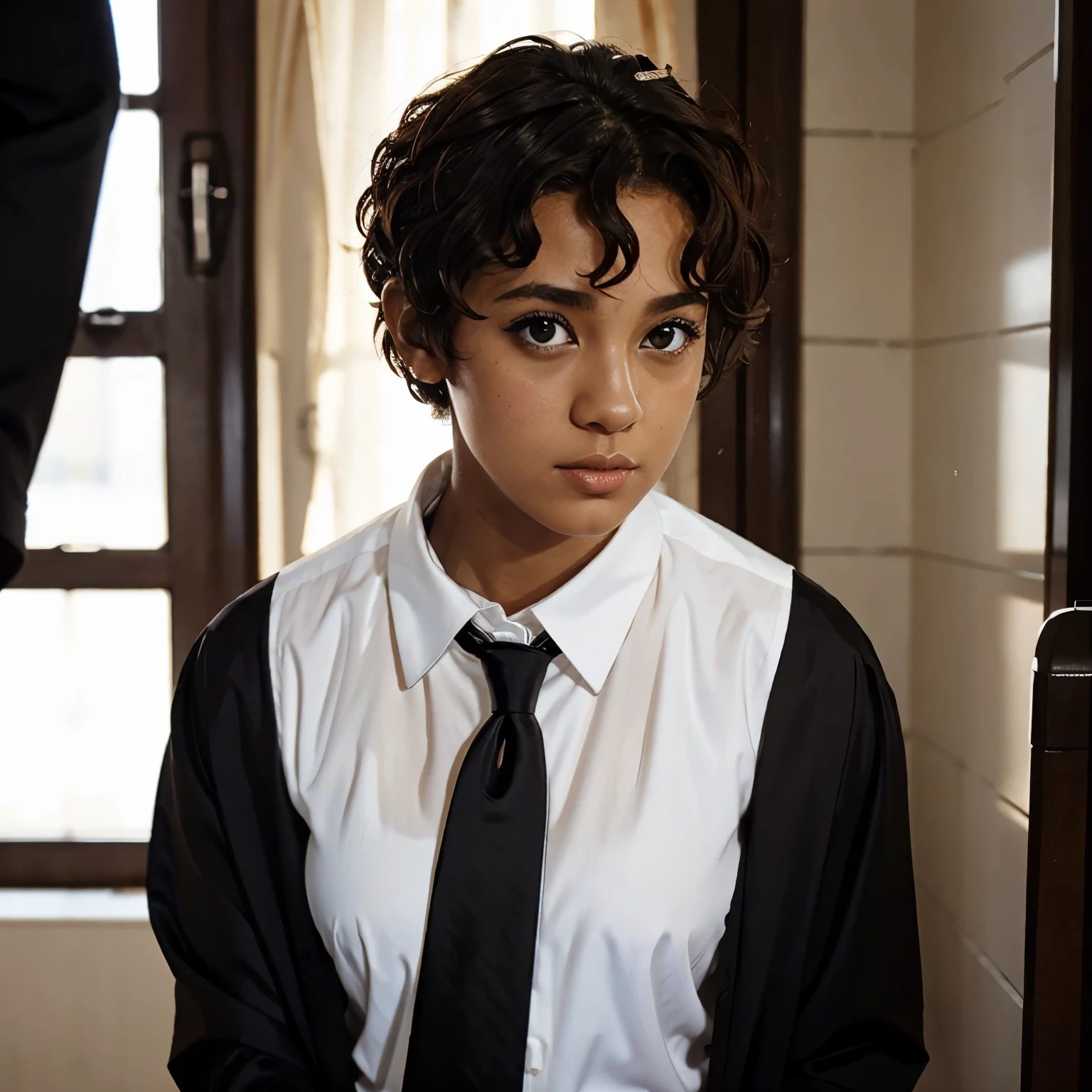 Brown skin brown eyes short curly hair black suit white shirt black tie