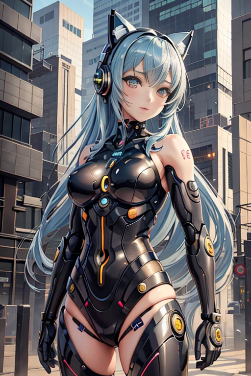 Anime girl in futuristic costume, adorned with cat ears and headphones, exudes an irresistible charm in this Digital Cyberpunk Anime Art masterpiece. Cute Cyborg Girl character boasts intricate mechanical details and vibrant colors, reflecting the allure of the Hyper Realistic, hyper-detailed world she inhabits.
Her avant-garde Cyberpunk Anime Girl mech stands tall beside her, crafted with a perfect blend of Beautiful girl cyborg aesthetics and futuristic Perfection. The anime cyberpunk art comes alive under the Portrait Anime Astronaut Girl's enchanting gaze, bathed in warm top