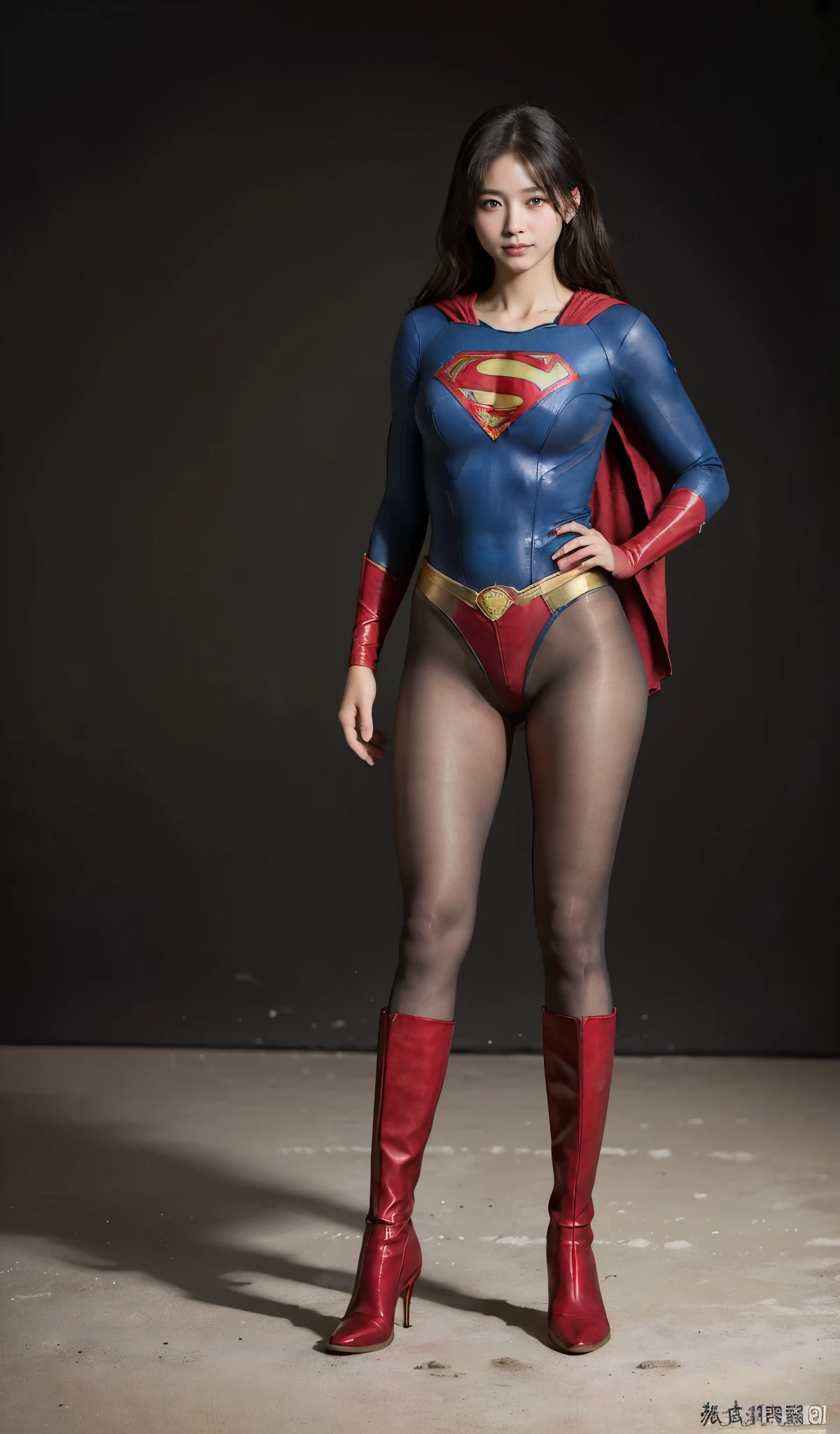 No background、(((Beautiful legs in black tights.)))、(((Legally express the beauty of your smile)))、((((Make the most of your original images)))、(((Supergirl Costume)))、(((Beautiful boyish hairstyle)))、(((suffering)))、(((Please wear black tights....、Wear red boots)))、((Best image quality、8k))、((highest quality、8k、masterpiece:1.3))、(((Preserve background )))、Sharp focus:1.2、Beautiful woman with perfect figure:1.4、Slim Abs:1.2、Wet body:1.5、Highly detailed face and skin texture、8k
