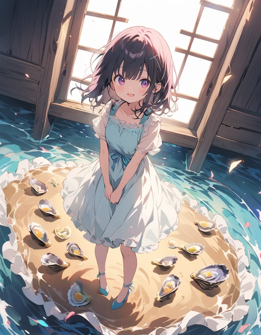 (masterpiece),(highest quality), figure, (((oysters:2))), Gray wavy hair, Long eyelashes, Round eyes, smile, (cherry blossoms:1.2)、(美味しいOceanの幸)、(清浄Ocean域アジワ)、(Warm beach background:1.4)、((Ocean:1.8))、Outdoor、Surrealism, Anaglyph, Stereogram, Atmospheric perspective, 8k, Super Detail, Accurate, highest quality, 超High resolution, Textured skin, Pale maroon frilled dress, (pastel colour) , paper_cut、(highest quality、masterpiece、High resolution、detailed)、animeスタイル、Flat Style、(Shining Eyes、detailed美しい顔), BREAK,1 girl、extremely detailed(The Shining), Best lighting, Best Shadow、floating, (High saturation),Dynamic Angle、anime