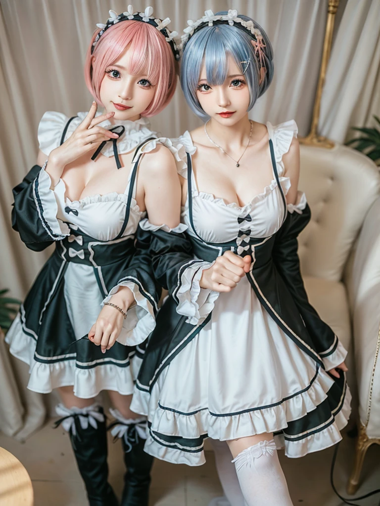 (8K, Photorealistic, Raw photo, of the highest quality: 1.3), (1girl in), Super beautiful, (Realistic face), (boyish, pink Color Berry Shorthair), Beautiful , Glare that captivates the viewer, Beautiful expression, Beautiful breasts, (Realistic skin), Be...Create a detailed and colorful image of Ram and Rem from Re:Zero, standing back-to-back in their maid outfits, with a magical fantasy background、14years old, two girls,cute, perfect face, beautiful, nice body, gothic lolita clothes, gothic lolita fashion, frilly skirt, headdress, necklace, bracelet, knee-high socks, boots, double eyelids, tear bags, Detailed down to the fingers, photo-like description, indoors, dim indoor lighting, one girl is pink hair and short bob, another girl is light blue hair and short bob,standing,whole body, composition that shows the whole body, smiling,The Both of them are wearing the same type of maid outfit,Optimal ratio of 4 fingers and 1 thumb
