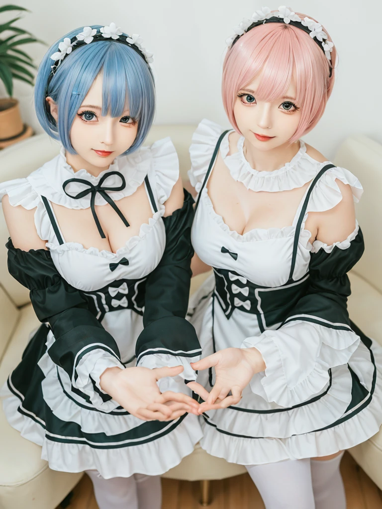 (8K, Photorealistic, Raw photo, of the highest quality: 1.3), (1girl in), Super beautiful, (Realistic face), (boyish, pink Color Berry Shorthair), Beautiful , Glare that captivates the viewer, Beautiful expression, Beautiful breasts, (Realistic skin), Be...Create a detailed and colorful image of Ram and Rem from Re:Zero, standing back-to-back in their maid outfits, with a magical fantasy background、14years old, two girls,cute, perfect face, beautiful, nice body, gothic lolita clothes, gothic lolita fashion, frilly skirt, headdress, necklace, bracelet, knee-high socks, boots, double eyelids, tear bags, Detailed down to the fingers, photo-like description, indoors, dim indoor lighting, one girl is pink hair and short bob, another girl is light blue hair and short bob,standing,whole body, composition that shows the whole body, smiling,The Both of them are wearing the same type of maid outfit,Optimal ratio of 4 fingers and 1 thumb