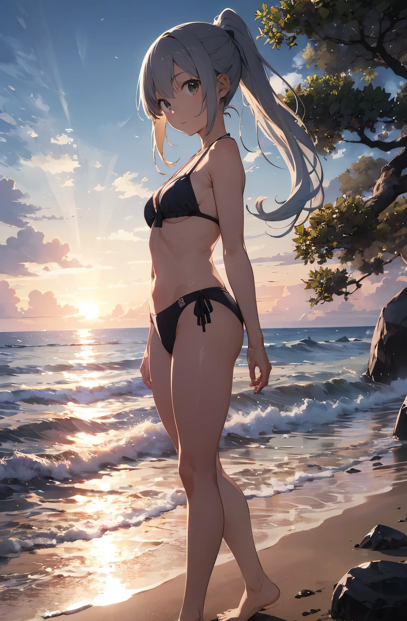 from below:1.3,Focus on the groin、((masterpiece, highest quality:1.3)),cowboy shot,14 year old beauty,solo,((very small head)),((long body)),((blond hair)),((very short hair)),double bun, flat chest,slender body,skinny,shiny skin,oily skin,sweat,wet,shy、Jersey,belly button、、sunny、kneeling, On all fours, Hip Rise, Standing ass、Face is close、Normal limbs,beach,White cloud