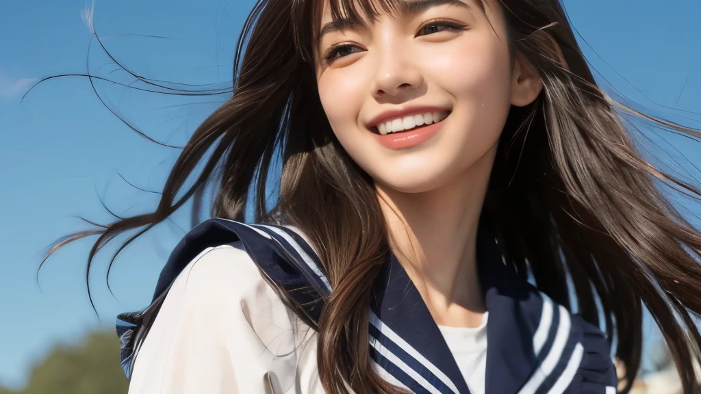 (Realistic: 1.4), (highest quality: 1.4), (Fine grain), Full body shot, ((Under the blue sky)), ((Looking Up)), ((One high school girl)), Black wavy hair, ((Sailor suit)), Wide eyes, Blushed face, ((smile)), Highly detailed face and skin texture, Healthy Skin, 8k resolution