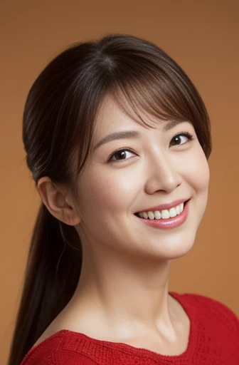 Masseter Film, highest quality, masterpiece, High resolution, realism, Original photo, 8k wallpaper, perfection, Professional Lighting, Very detailed, Written boundary depth, ((Beautiful woman)), ((Sexy 40 year old woman in red)),, ((smile)), Detailed face, Beautiful Eyes,, bangs, A photo of your face, (sexy look), voluminous long brown hair, (Thick lips), Looking down at the viewer,ponytail