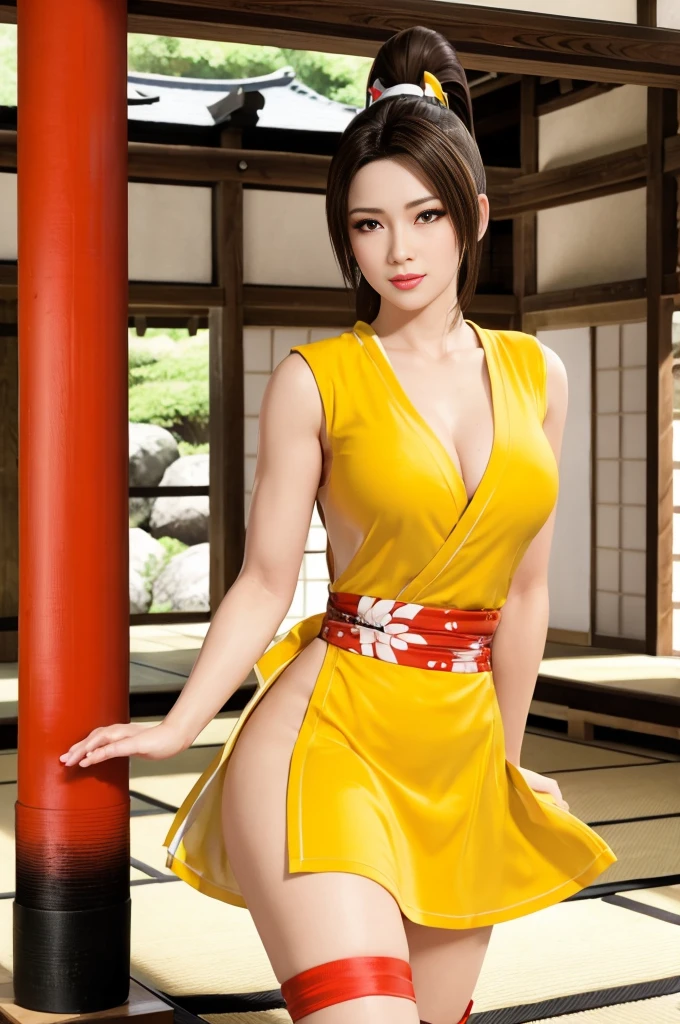 Mai Shiranui, (best quality,ultra-detailed),(Realistic:1.37), beautiful and detailed face, Ultra-realistic texture, delicate face, athletic body, vivid colors. High definition, 8k, smilling expression