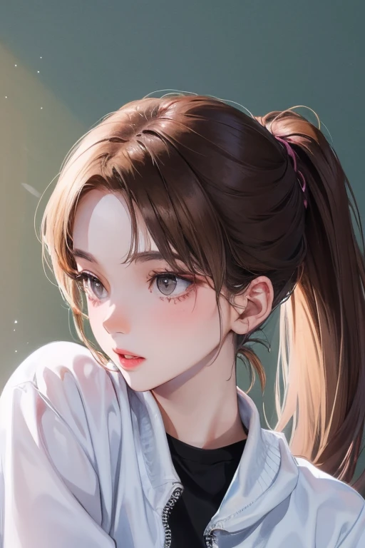 girl, long brown hair, Gray eyes, Sharp features, White skin, Pink lips, Ponytail