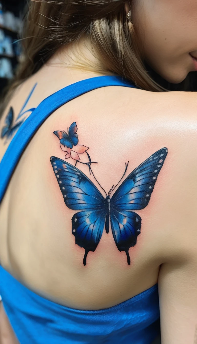 a close up of a woman with a blue butterfly tattoo on inside of forearm, a tattoo inspired by Anne Stokes, hyperrealism, tattoo style, tattoo ink, blue butterfly with beautiful wings, girl with tattoos, elegantly dressed with a visible tattoo