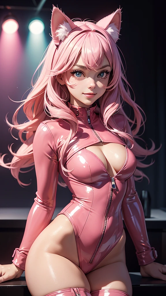 (high resolution, upper body, soft skin:1.2),(best illustration,masterpiece:1.2),ultra-detailed,[(cat ears,pink inside:1.2),vivid colors,sharp focus,portrait,studio lighting,bokeh, wearing a pink latex jumpsuit unzip to the chest, latex boots, full body portrait, smiling,