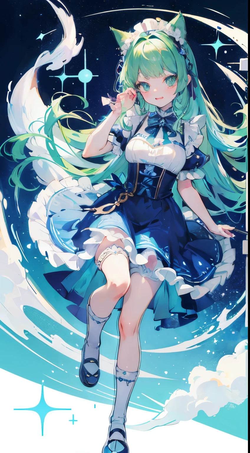 ((Tabletop, highest quality: 1.1), ((Anime girl in a blue dress holding a magic wand)), Art Nouveau、Anime Cat girl wearing a maid costume, , ((Green hairs))、Long-haired person、((Eyes that shine like jewels, Long eyelashes, Transparency))、Very Beautiful Anime Cat girl, アニメCat girl, ((White knee-high socks)), 魅力的なCat girl, I'At the candy store,Inspired by Leiko Ikemura, Takano Aya color style, in ryuuou no oshigoto art style, Cat girl, Someone you admire, rei hiroe、smile