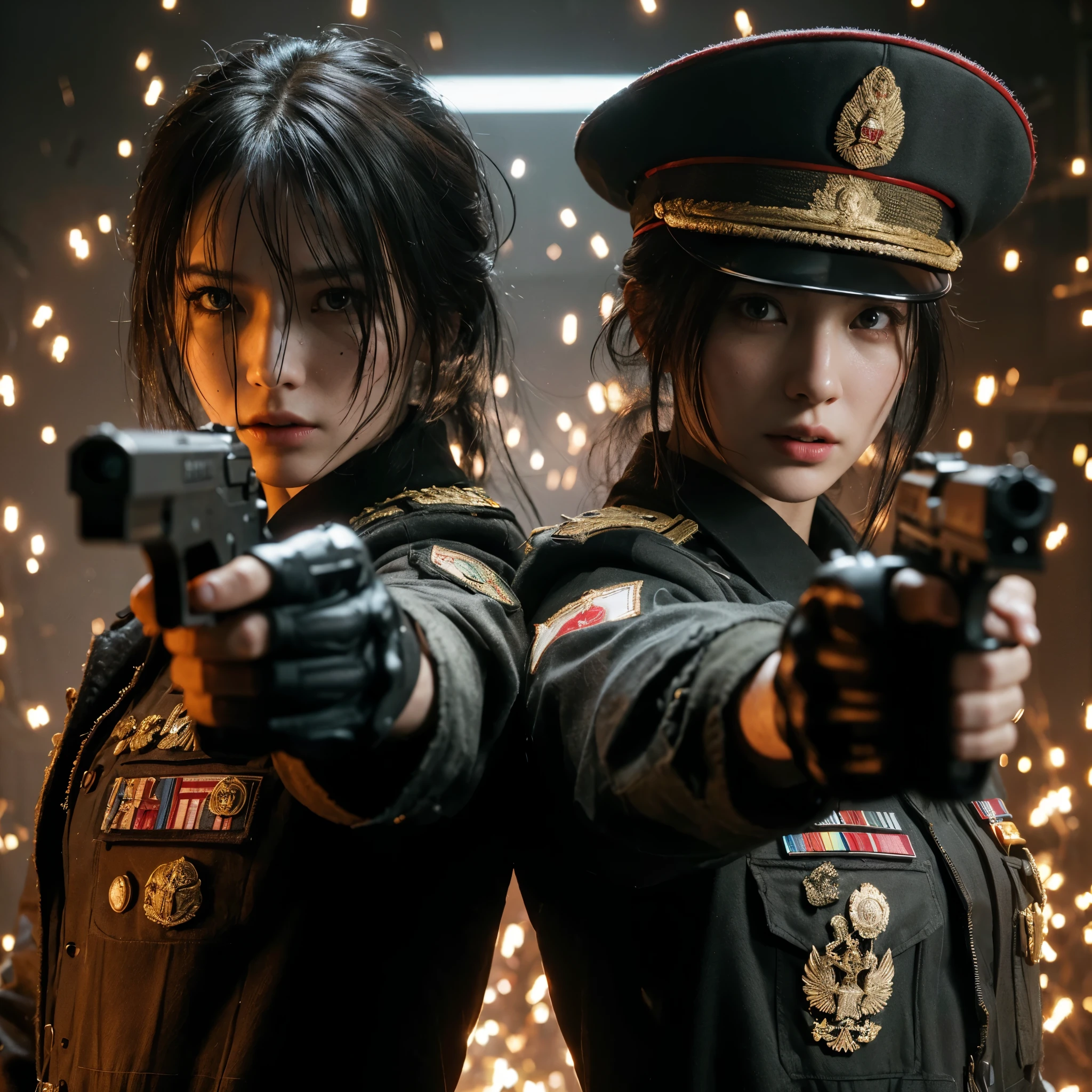 ((very sharp photo result & detailed face)) (((textile shading))), (((Best Quality))), (((masterpiece))), (((hyper realistic photo))) movie scene, cinematic movie movement action face off shoot, red light source of light, japanese & russian girl both wearing messy military suit full badge with general hat, big breast, moist & oliy sweaty face, detail pore texture skin face facial, dramatic lighting shadow & light, fight gesture & pointing guns each other, sparks fire everywhere, located on chaos russian military facility, gritty atmosphere,8K, perfect cinematography, john wick style