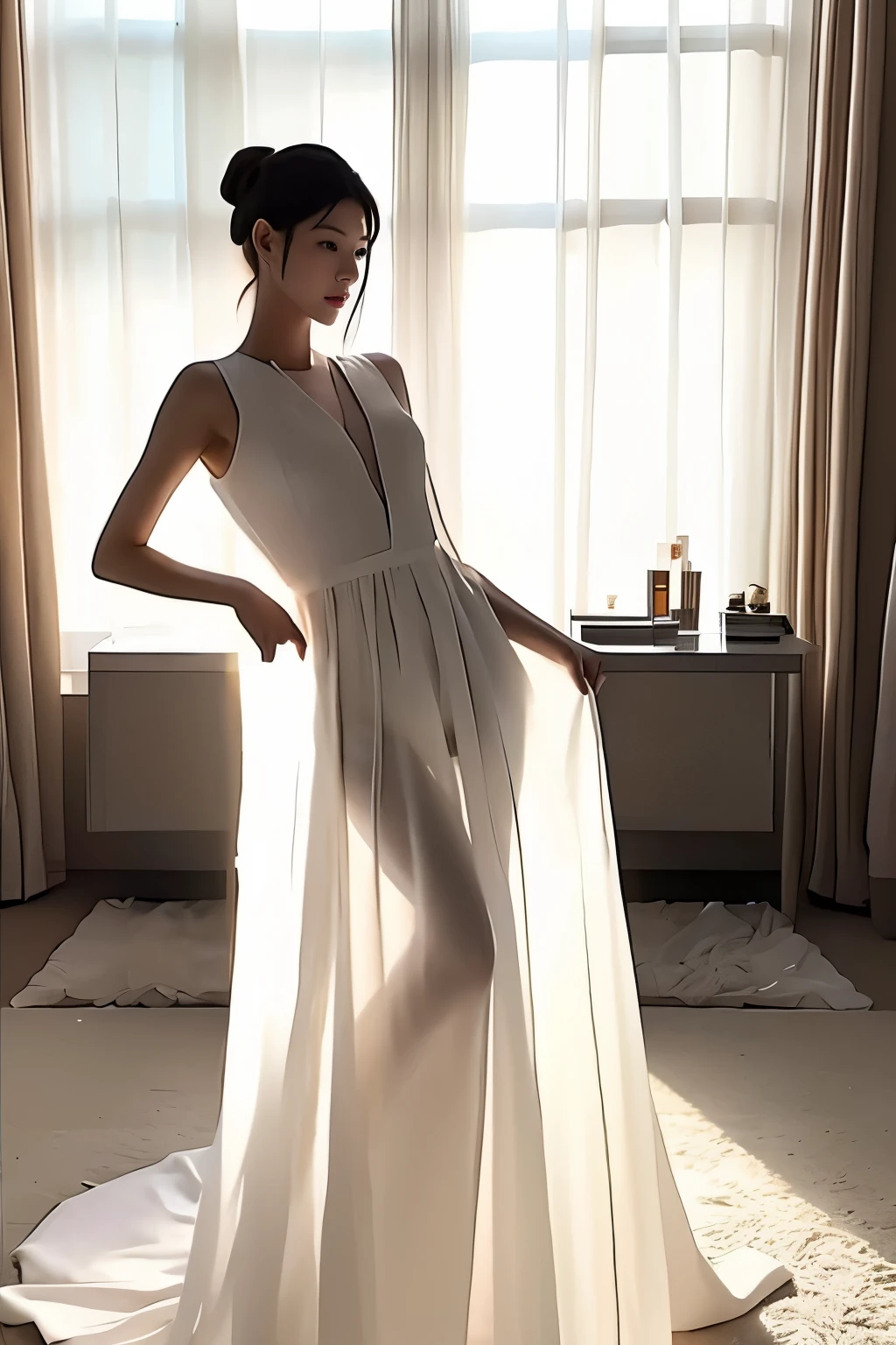 (masterpiece, best quality:1.2), 1girl, solo, delicate face, white-skinned female, see-through silhouette, white dress, full body, indoor