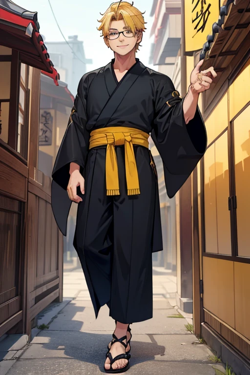 male, blonde short hair, blue eyes, (((1boy))), (((black ankle length kimono with yellow trim))), (black hakama pants), (sandals), (red sash), (glasses), smiling