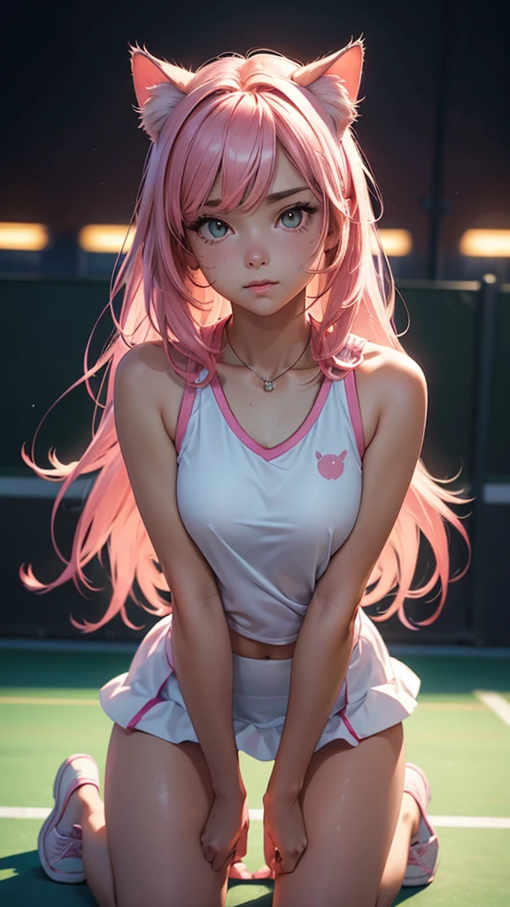 (high resolution, upper body, soft skin:1.2),(best illustration,masterpiece:1.2),ultra-detailed,[(cat ears ,pink inside:1.2),vivid colors,sharp focus,portrait,studio lighting,bokeh, wearing a tennis uniform, tennis courts background, dusk, full body portrait, kneeling