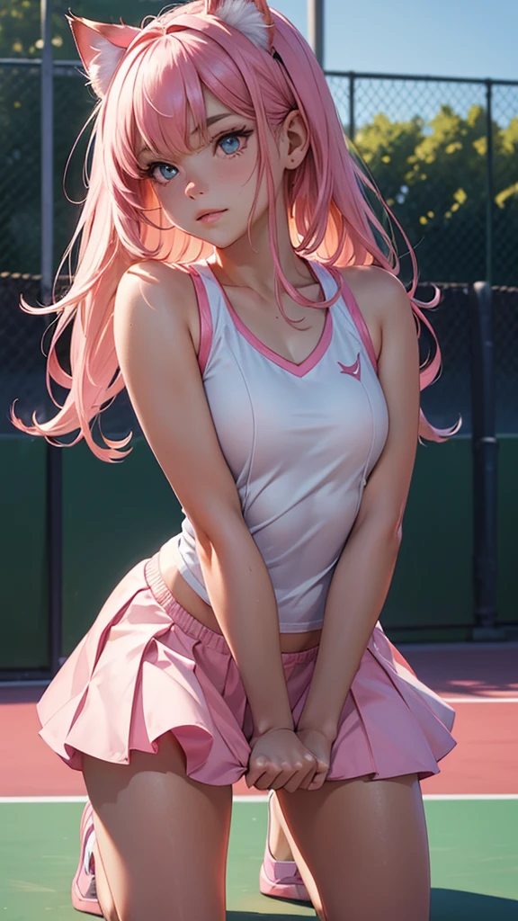 (high resolution, upper body, soft skin:1.2),(best illustration,masterpiece:1.2),ultra-detailed,[(cat ears ,pink inside:1.2),vivid colors,sharp focus,portrait,studio lighting,bokeh, wearing a tennis uniform, tennis courts background, dusk, full body portrait, kneeling