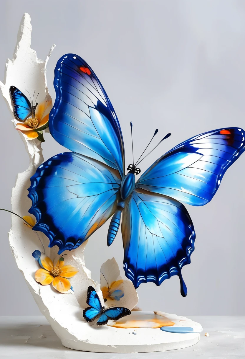 Art work，3D，A delicate blue butterfly in the portrait on a broken white plaster statue，Low paint，grace，