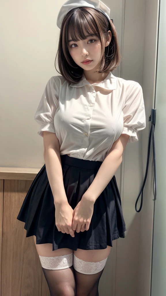 muste piece, best quality, illustration, Super detailed, fine details, High resolution, 8K,wall paper, perfect dynamic composition,(Details High quality, realistic depiction of eyes:1.3), Hospital Rooms、White nurse cap、White tights、White nurse uniform、to stand、Hand skirt、Flipping up a white skirt, large breasts,short bob hair, black hair color, Big Natural Color Lip, bold sexy pose, crying a little、cold gaze, Harajuku style、20 year old girl、cute type、ta、beautiful legs, hposing Gravure Idol
