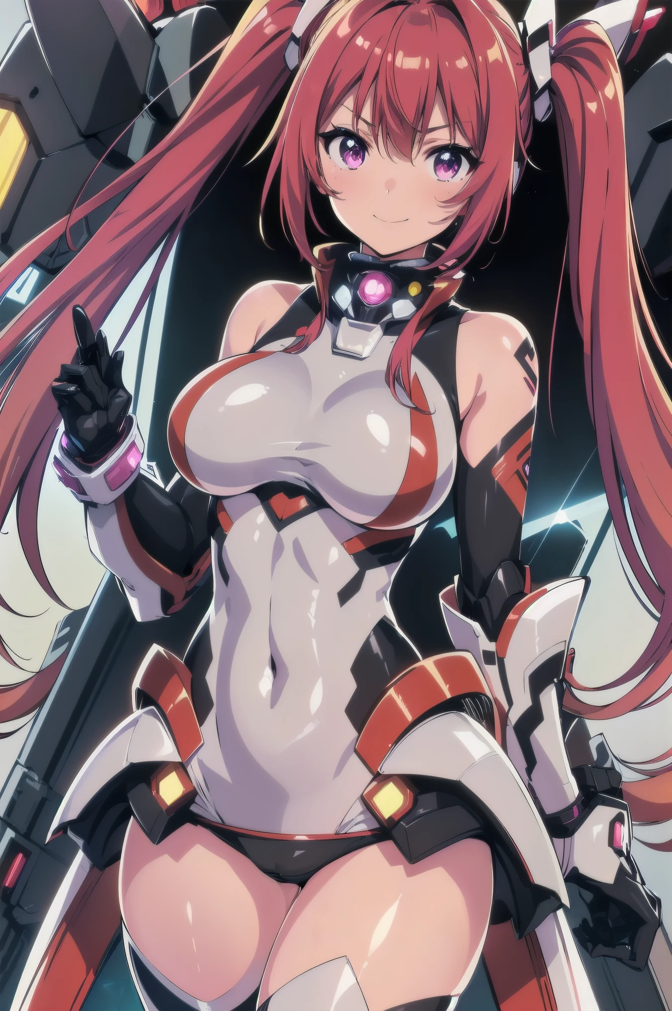 1girl, solo, tailred, very long hair, red hair, gradient hair, twintails, perfect face, purple eyes, looking at viewer, cute, shy, smile, closed mouth, (big breasts:1.1), (shiny clothes:1.8), (black and white mecha suit:1.4), black panties, black elbow gloves, cowboy shot, close up, masterpiece, high resolution, best quality,