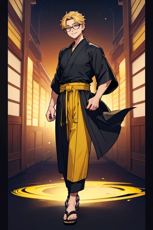 male, blonde short hair, blue eyes, (((1boy))), (((black ankle length kimono with yellow trim))), (black hakama pants), (sandals), (red sash), (glasses), smiling