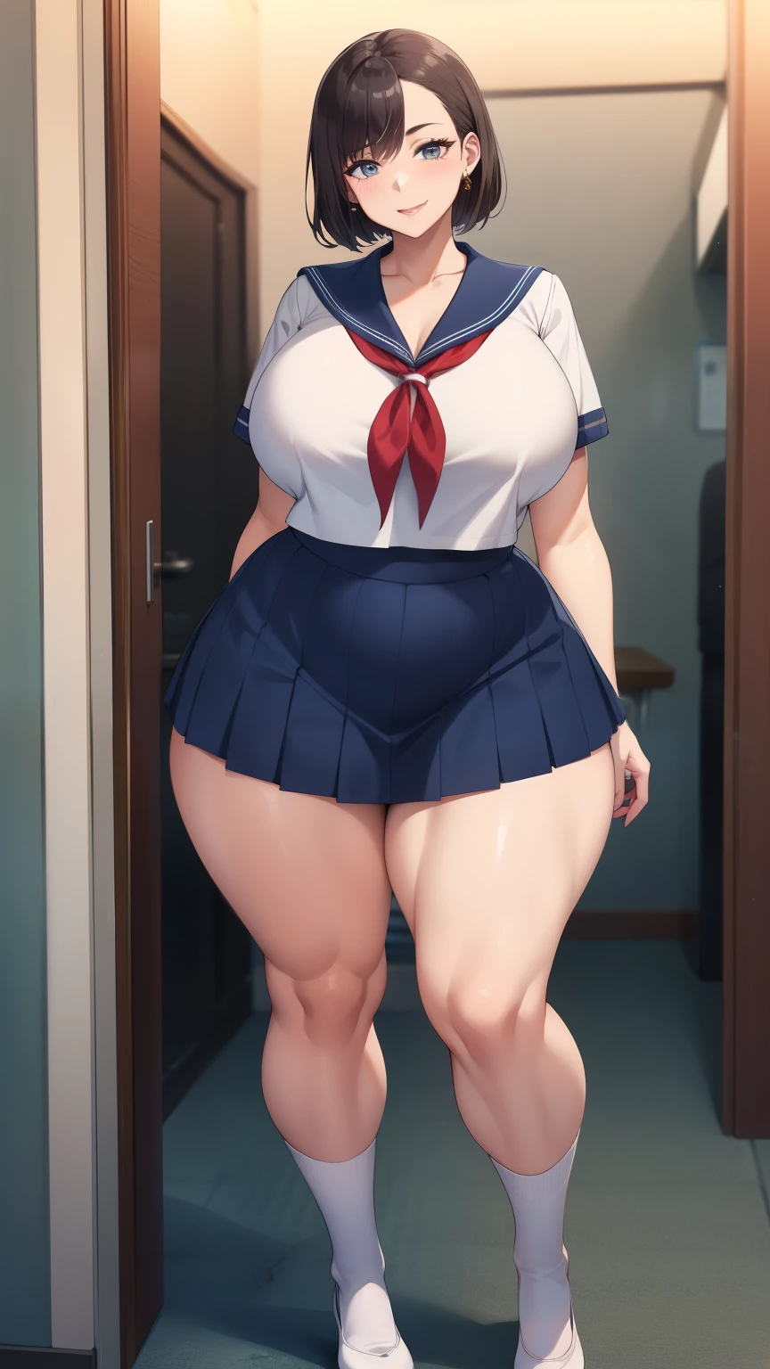 Large Breasts, Big Hips,Full Body Shot, Mature mother, Whipping the lower body, plump thighs, Ample calves, Seductive mature woman, Perfect body, Plus Size Model,high school girl,Sailor suit, The skirt is short,Mature woman wearing Sailor suit,