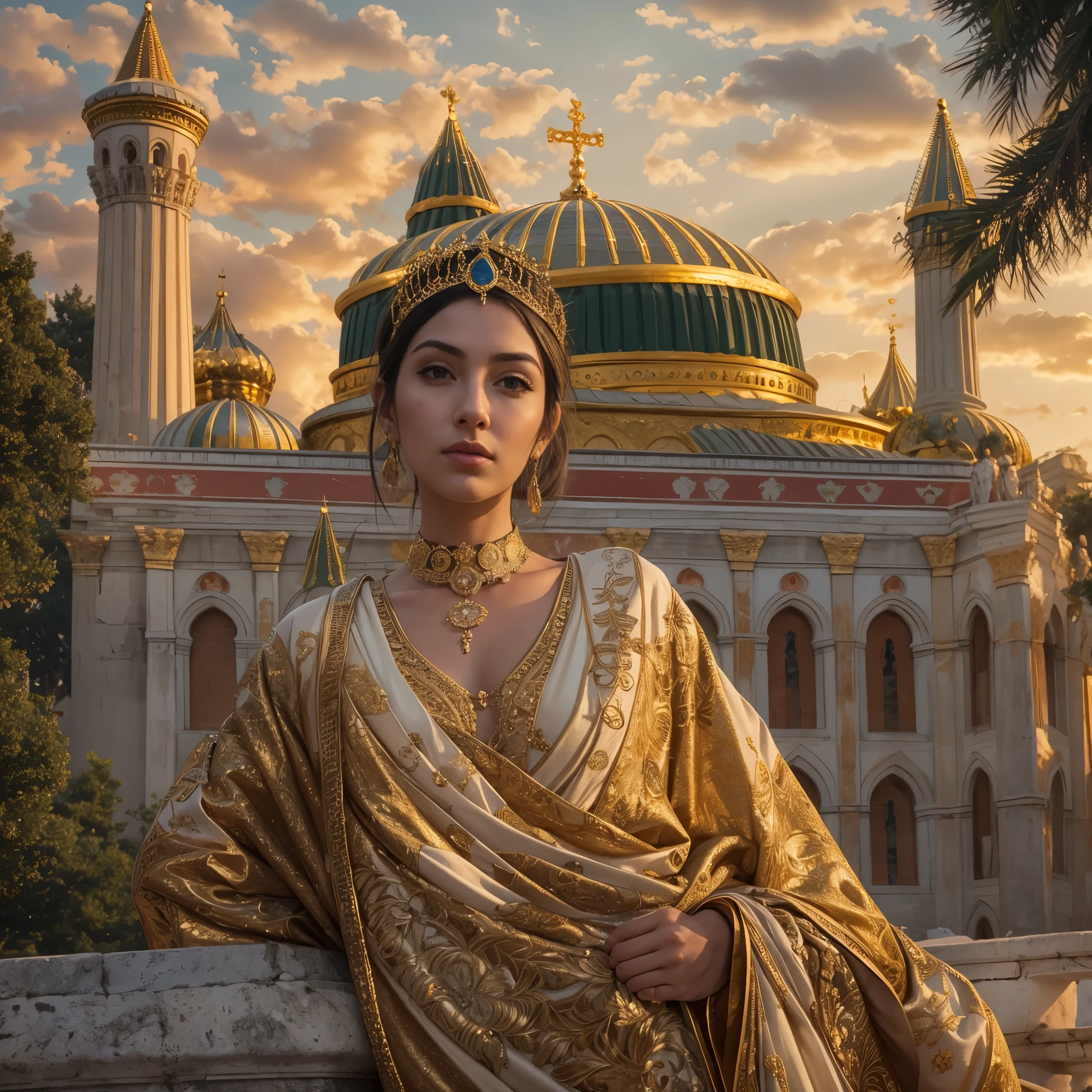 Arafed woman in a gold dress standing in front of a building - SeaArt AI