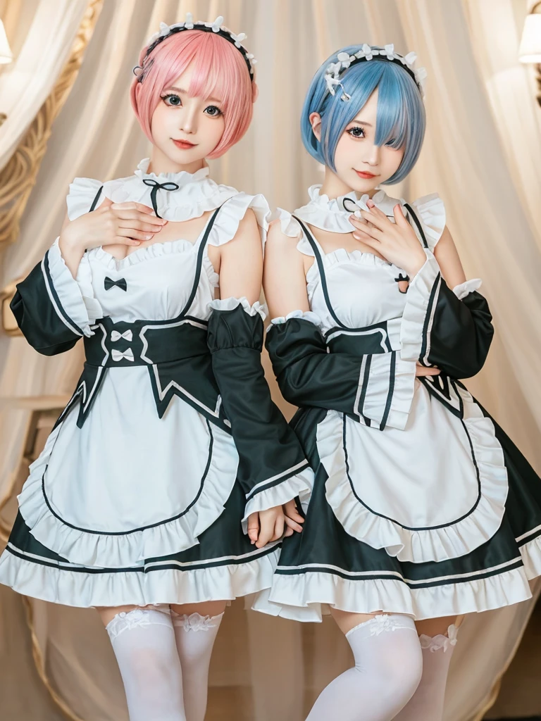 (8K, Photorealistic, Raw photo, of the highest quality: 1.3), (1girl in), Super beautiful, (Realistic face), (boyish, pink Color Berry Shorthair), Beautiful , Glare that captivates the viewer, Beautiful expression, Beautiful breasts, (Realistic skin), Be...Create a detailed and colorful image of Ram and Rem from Re:Zero, standing back-to-back in their maid outfits, with a magical fantasy background、ars old, two girls,cute, perfect face, beautiful, nice body, gothic lolita clothes, gothic lolita fashion, frilly skirt, headdress, necklace, bracelet, knee-high socks, boots, double eyelids, tear bags, Detailed down to the fingers, photo-like description, indoors, dim indoor lighting, one girl is pink hair and short bob, another girl is light blue hair and short bob,standing,whole body, composition that shows the whole body, smiling,The Both of them are wearing the same type of maid outfit,Optimal ratio of 4 fingers and 1 thumb