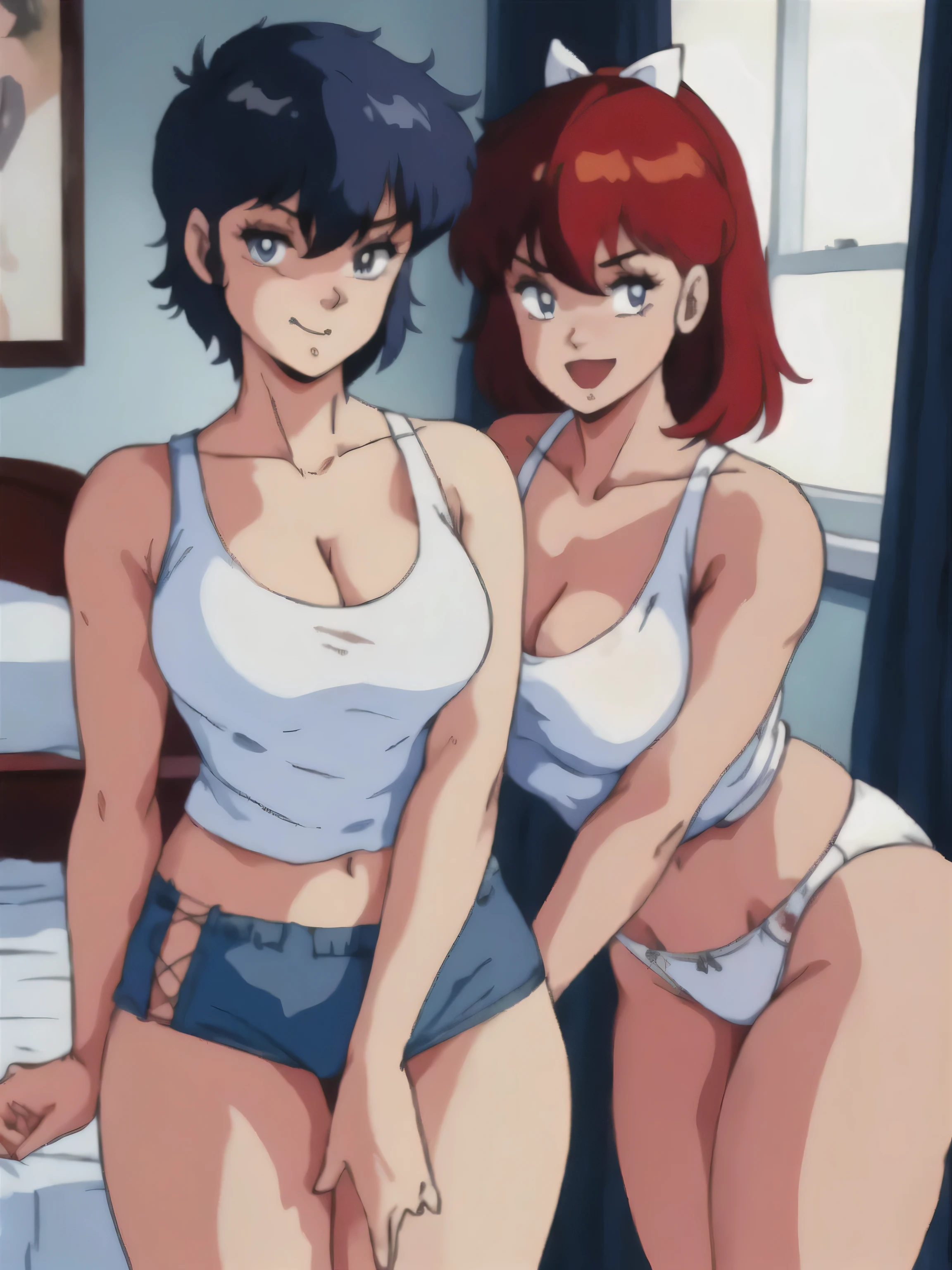 (room, Bedroom), ２People Girls, (Embrace each other, Face), looking at the camera, highest quality, 8K, High resolution, Crisp animation quality, (Perfect Face, Detailed face), (miki), Are standing, Blue eyes, (Fine grain:1.3, Detailed and high resolution), (short hair, Navy blue hair), smile, (Open your mouth:1.２), (Large Breasts:1.2), (White tank top:1.5, Sexy), (Beautiful cleavage:1.2), Denim shorts, (White panties are visible:1.2, Sexy), highest quality, 8K, High resolution, Crisp animation quality, (Perfect Face, Detailed face),(erika), Are standing, Blue eyes, (Fine grain:1.3, Detailed and high resolution), (Long hair, Red Hair), smile, pink headband, (Blushing:1.２), (Large Breasts:1.2), (White tank top:1.5, Sexy), (Beautiful cleavage:1.2), mini skirt, (White panties are visible:1.2, Sexy),highest quality, 8K, High resolution, Crisp animation quality,