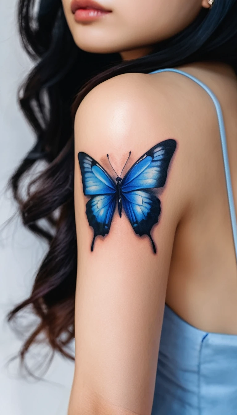 a close up of a woman with a blue butterfly tattoo on inside of forearm, a tattoo inspired by Anne Stokes, hyperrealism, tattoo style, tattoo ink, blue butterfly with beautiful wings, of taiwanese girl with tattoos, elegant suit