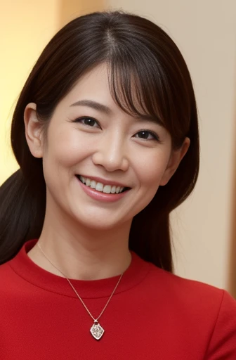 Masseter Film, highest quality, masterpiece, High resolution, realism, Original photo, 8k wallpaper, perfection, Professional Lighting, Very detailed, Written boundary depth, ((Beautiful woman)), ((Sexy 40 year old woman in red)),,  ((smile)), Detailed face, Beautiful Eyes,, bangs, A photo of your face, (sexy look), voluminous long brown hair, (Thick lips), Looking down at the viewer,ponytail