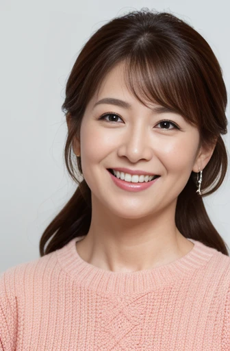 Masseter Film, highest quality, masterpiece, High resolution, realism, Original photo, 8k wallpaper, perfection, Professional Lighting, Very detailed, Written boundary depth, ((Beautiful woman)), ((Sexy 40 year old woman in red)),, ((smile)), Detailed face, Beautiful Eyes,, bangs, A photo of your face, (sexy look), voluminous long brown hair, (Thick lips), Looking down at the viewer,ponytail