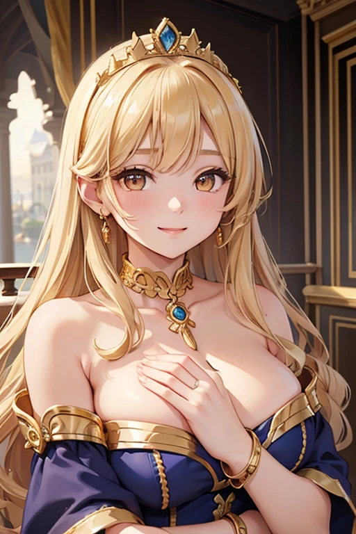 masterpiece、top-quality、(Blonde colored long hair、I have bangs:1.1)、(25 year old woman)、 (gold eyes:1.5)、(Big round eyes:1.5)(wearing a gold off-shoulder dress:1.2)、(Emphasis on the chest:1.1)、(modest smile expression:1.3)、(Staring:1.5)、(Close-up of the subject's face:1.3)、standing、five perfect and beautiful fingers、place the camera over the subject、The background is the party venue、Bold composition、Upper body is shown、Alone、Gold bracelet、Gold necklace with blue gemstone、Gold Tiara、Open your mouth、(Curly Hair)、(Large Breasts:1.0)、Gold Collar、midnight、Palace balcony