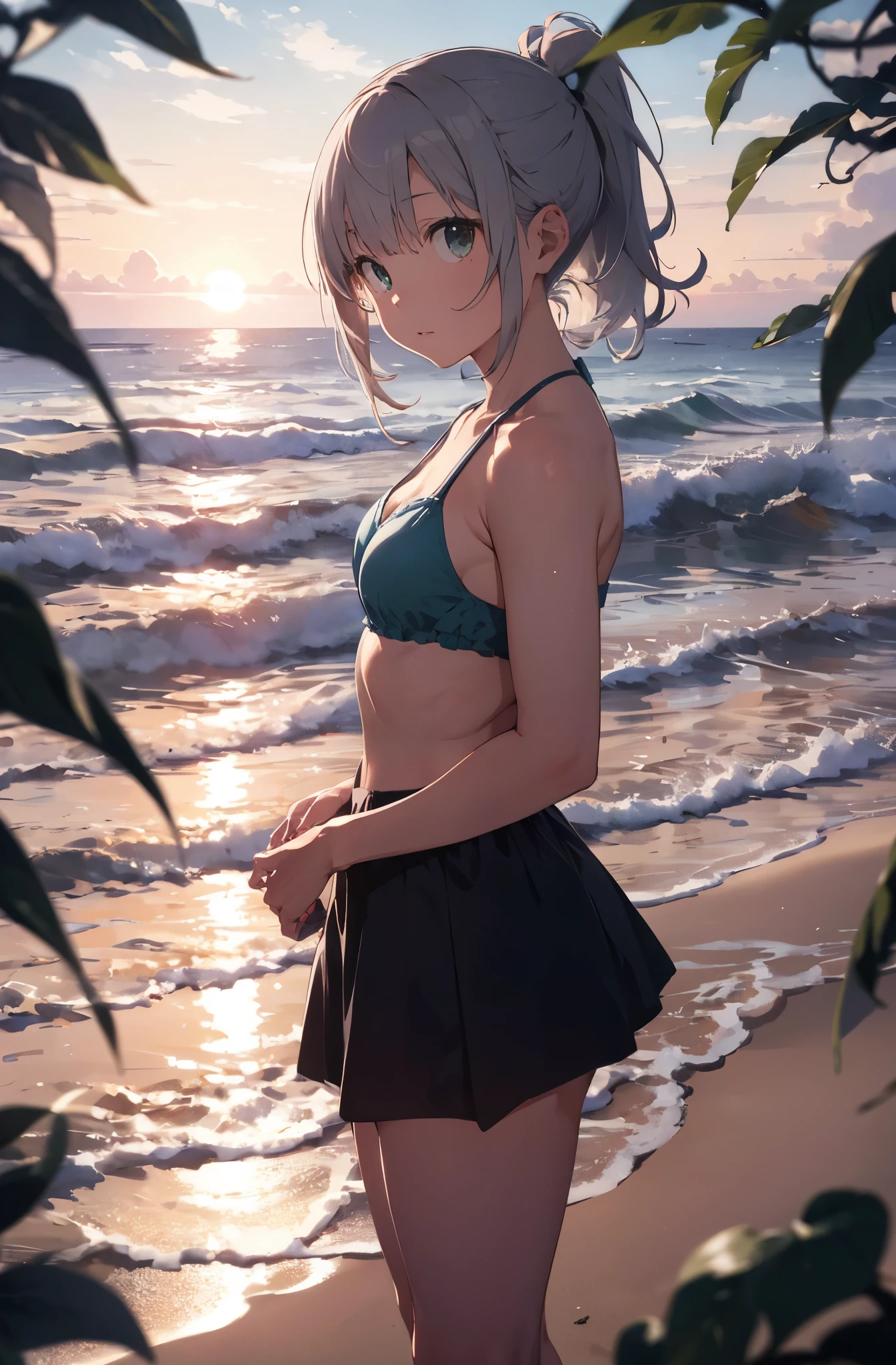 A silver-haired girl drawn in high resolution Japanese anime style、Standing alone on the white sand beach of a deserted island。She is wearing a gorgeous pink bikini.、Her hair is in a ponytail that sparkles in the light.。The sea in the background shines emerald green.、The beach is strewn with shells and pebbles.、sometimes、Small waves gently lapping on the shore。熱帯のwood々Swaying in the wind、Mr.々Many kinds of birds are singing among the branches.。wood々There are colorful flowers blooming between、The entire island is filled with natural abundance.。On the horizon of the distant sea、The setting sun casts a beautiful orange glow over the ocean.、It gives the whole thing a mysterious feel.。、Wakame seaweed、Wakame seaweed、Wakame seaweed、Wakame seaweed、Wakame seaweed、Wakame seaweed、