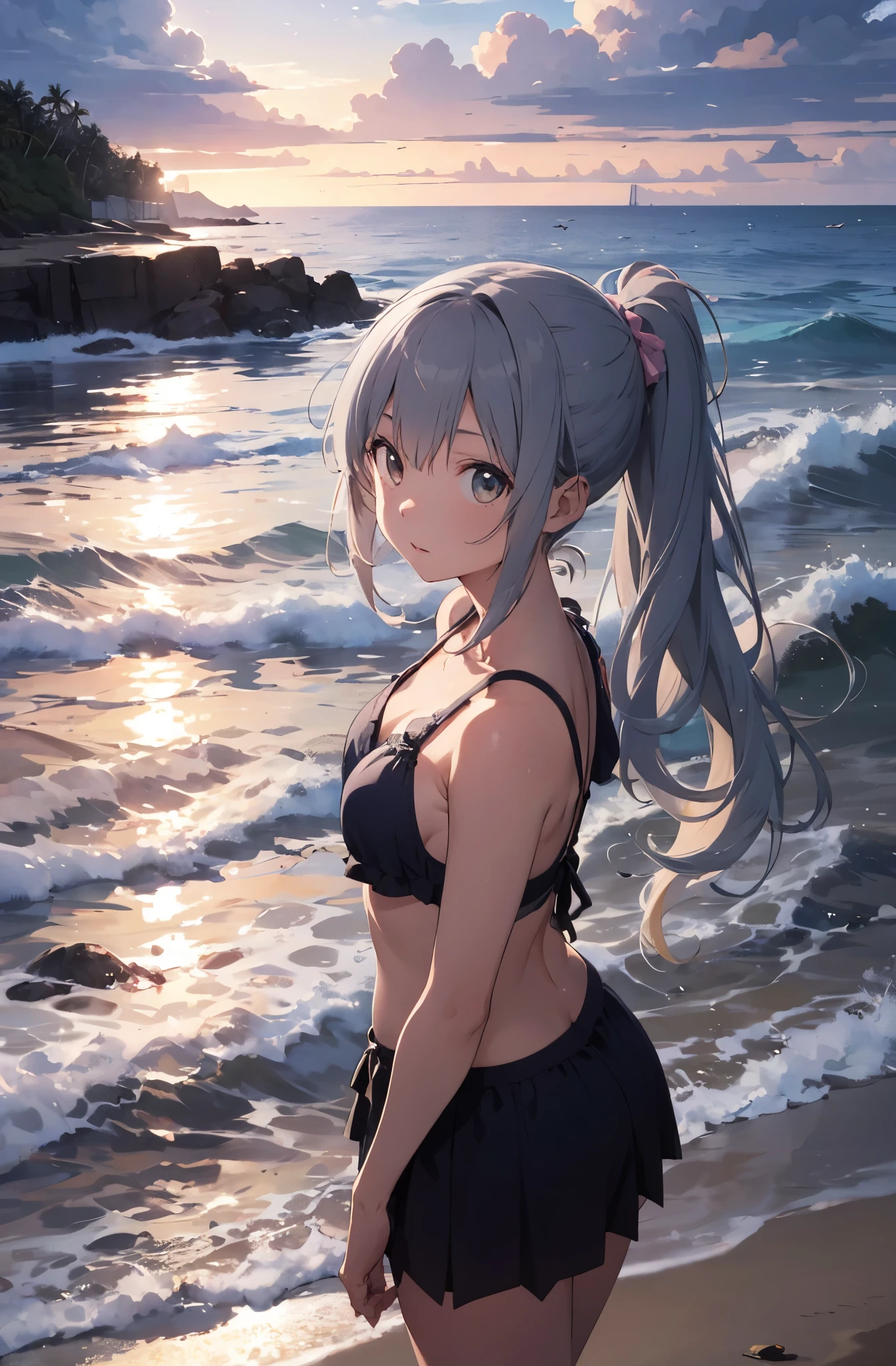 Japanese anime style,Silver Hair、Ponytail Hair、A young girl stands on a deserted white sand beach, Red Bikini、Red Bikiniを着ている,There is a beautiful sunset in the background, The sky and sea colored by the setting sun、The girl has a relaxed look, Capture the calm and tranquil atmosphere of a beach evening、Beautiful fingers,Beautiful Hands,Point first,nail,arms behind back
Seaweed、Seaweed、Seaweed、Seaweed、Seaweed、Seaweed、