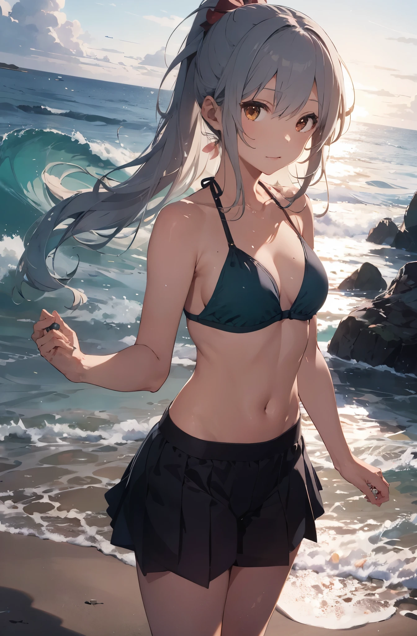 A silver-haired girl drawn in high resolution Japanese anime style、Standing alone on the white sand beach of a deserted island。She is wearing a gorgeous pink bikini.、Her hair is in a ponytail that sparkles in the light.。The sea in the background shines emerald green.、The beach is strewn with shells and pebbles.、sometimes、Small waves gently lapping on the shore。熱帯のwood々Swaying in the wind、Mr.々Many kinds of birds are singing among the branches.。wood々There are colorful flowers blooming between、The entire island is filled with natural abundance.。On the horizon of the distant sea、The setting sun casts a beautiful orange glow over the ocean.、It gives the whole thing a mysterious feel.。、Wakame seaweed、Wakame seaweed、Wakame seaweed、Wakame seaweed、Wakame seaweed、Wakame seaweed、