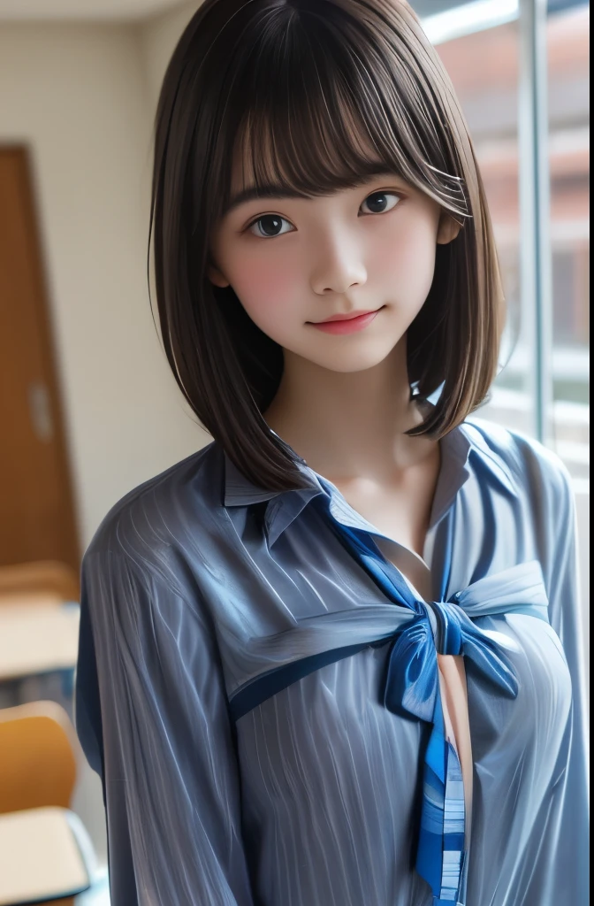 highest quality,Photo quality,Ultra-high resolution,Professional Lighting,,Beautiful face like an actress,(high school stude),Transparent blouse:0.7,Short bangs