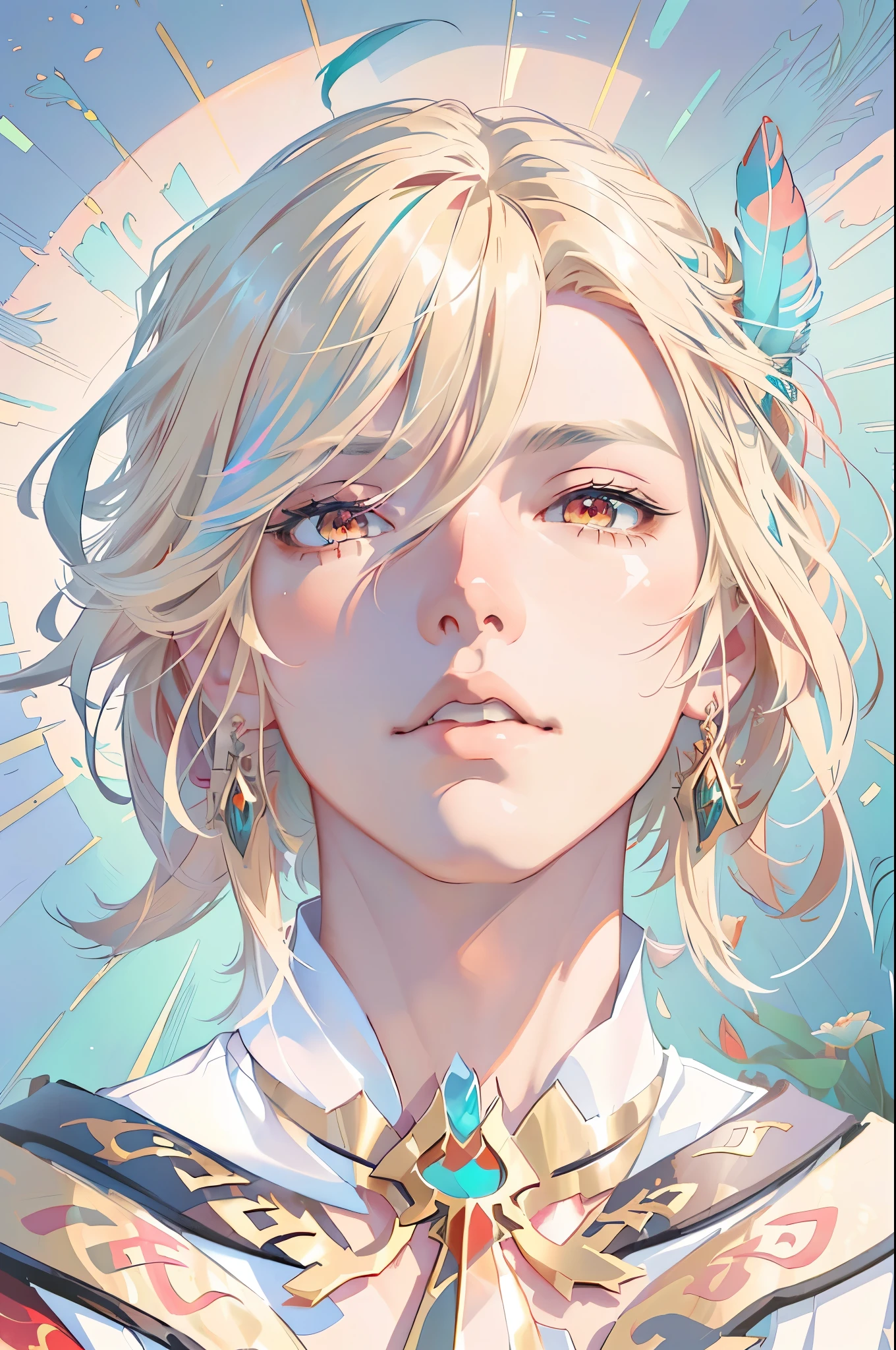 ****ung male portrait, blond hair, red eyes, blue feather hair ornament, iridescent light, sun rays, flowers around the face, serenity, artwork in the style of guweiz, guweiz, inspired by Yanjun Cheng, digital anime illustration, ethereal flowerpunk, exquisite digital illustration, digital anime art, detailed digital anime art, stunning anime face portrait, beautiful anime portrait, anime styled digital art, rossdraws 1. 0, (((looking up)))