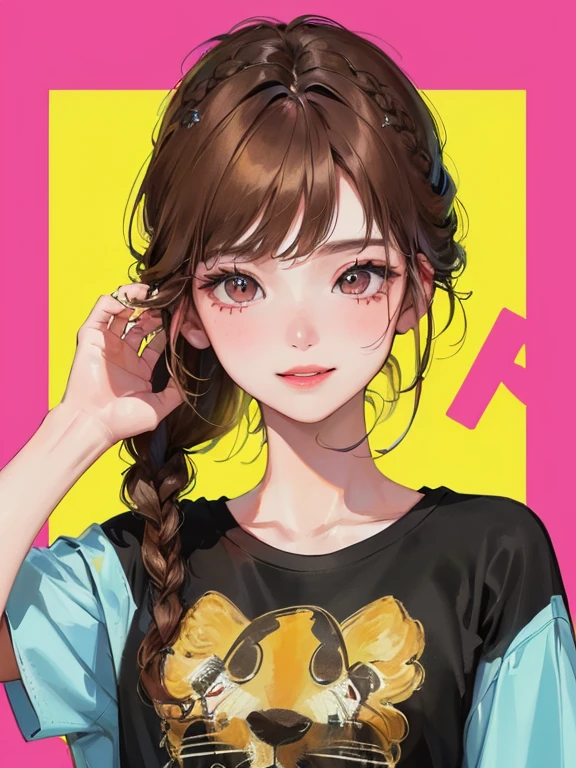 (((1 female)))、(Maximum resolution、clearly_image) Best quality、(((Pop music)))、1990s、((Color Background))、((Illuminated))、Very detailed、Semi-realistic、Brown hair、((cosmetic)),Braided hairstyle、a smile、Bangs、20 years old、young、((t-shirt))、精致的Facial features、Facial features、view from below