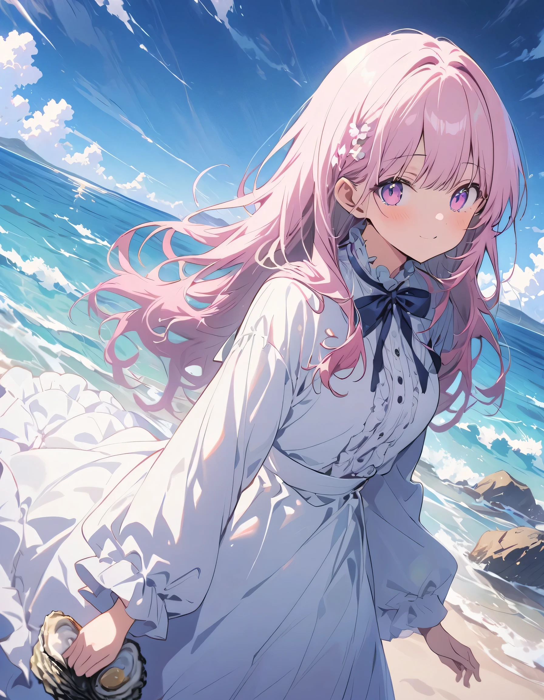 (masterpiece),(highest quality), figure, ((oysters:2)), Gray wavy hair, Long eyelashes, Round eyes, smile, (cherry blossoms:1.2)、(Delicious Ocean Blessings)、(Clean Ocean Area Ajiwa)、(Warm beach background:1.4)、((Ocean:1.8))、Outdoor、Surrealism, Anaglyph, Stereogram, Atmospheric perspective, 8k, Super Detail, Accurate, highest quality, 超High resolution, Textured skin, Pale maroon frilled dress, (pastel colour) , paper_cut、(highest quality、masterpiece、High resolution、detailed)、anime style、Flat Style、(Shining Eyes、Beautiful Face), BREAK,1 girl、extremely detailed(The Shining), Best lighting, Best Shadow、floating, (High saturation),Dynamic Angle、anime